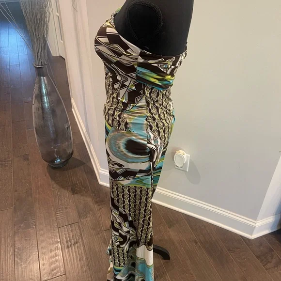 Boutique Strapless Geo-Print Maxi Dress in Teal and Brown - Picture 2 of 6